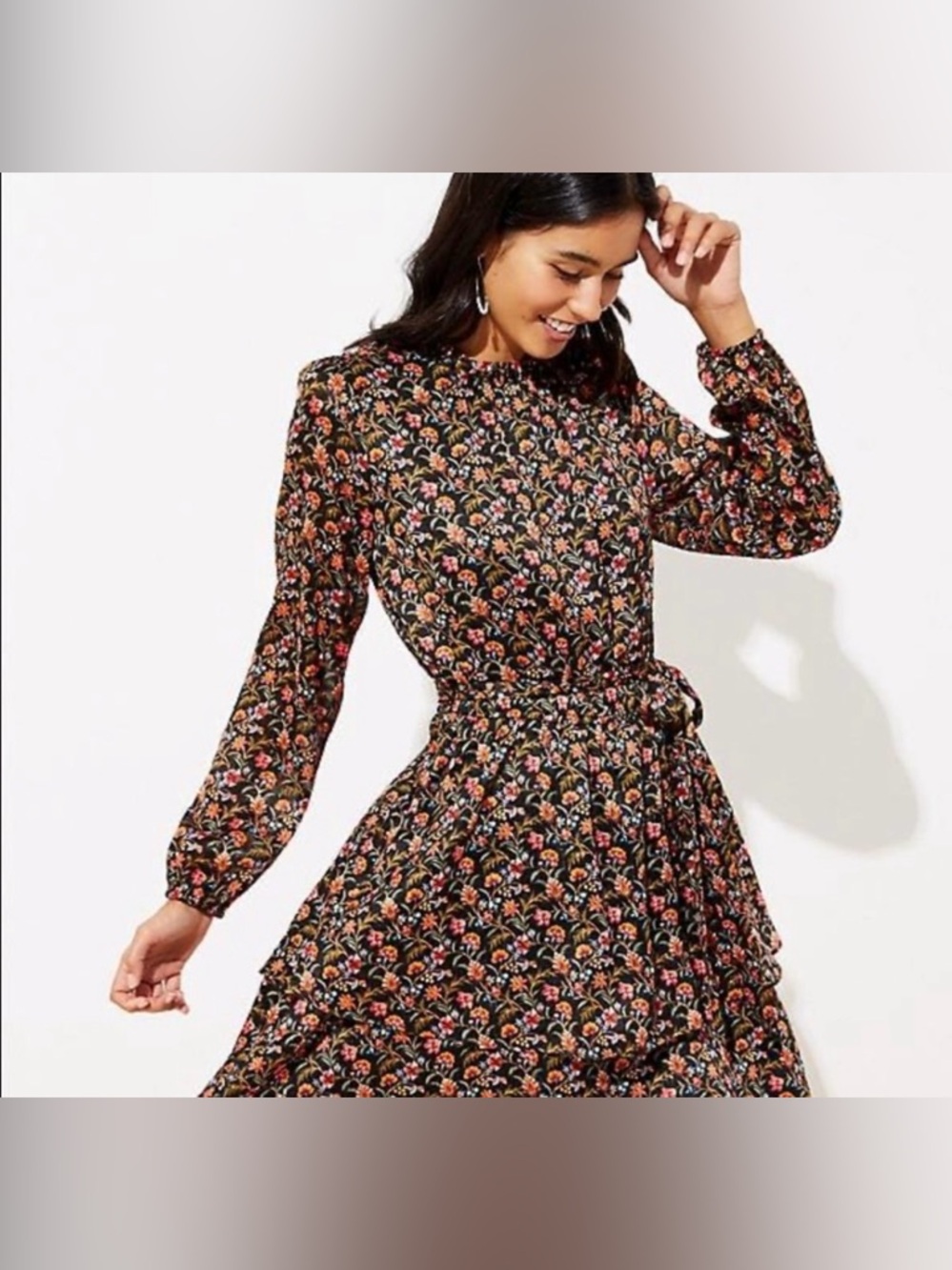 LOFT Floral Long-Sleeve Dress with shimmer, tiered skirt and Tie Waist